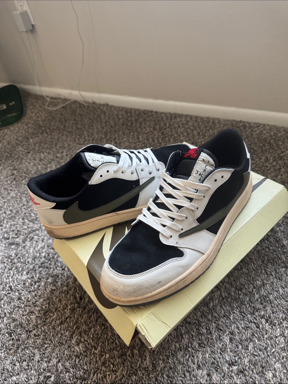 Nike Black and White Low-Top Sneakers with Olive Swoosh